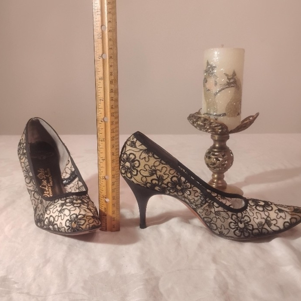 Vintage 1950s-60s De Liso Debs Palter Deliso Cream Black Floral Lace Stiletto He - Picture 6 of 10
